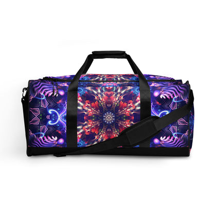 Front view of the 'Flow State' duffle bag showing its psychedelic all-over-print artwork.
