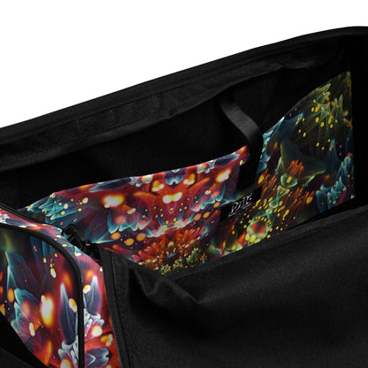 Interior view of the Kaleidobloom duffle bag showing the black lining and inside pockets.