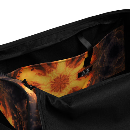 Inside of the white duffle bag printed with the "Adieu" design, showing the zippered inner pocket.