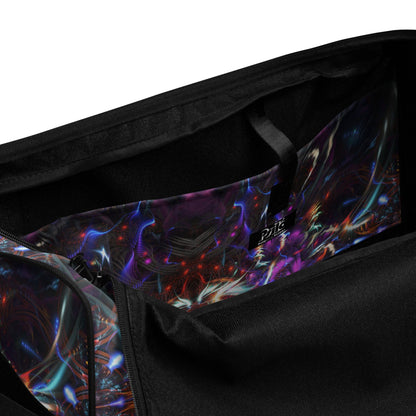 Inside of the white duffle bag printed with the "Dragon Heart" design, showing the zippered inner pocket.