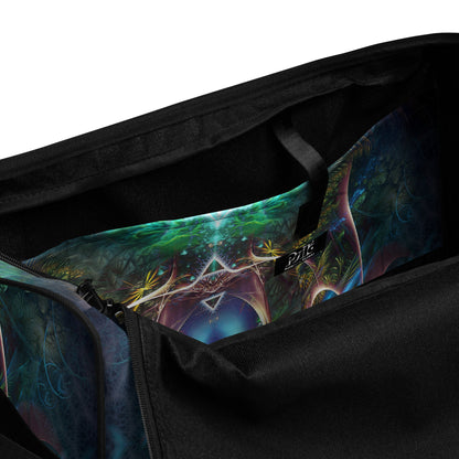 Inside of the white duffle bag printed with the "Fluer de Vie" design, showing the zippered inner pocket.