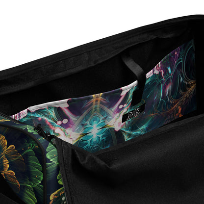 Inside of the white duffle bag printed with the "Blossom / Nectar" design, showing the zippered inner pocket.