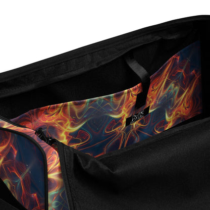 Inside of the white duffle bag printed with the "Aquatic Rays" design, showing the zippered inner pocket.