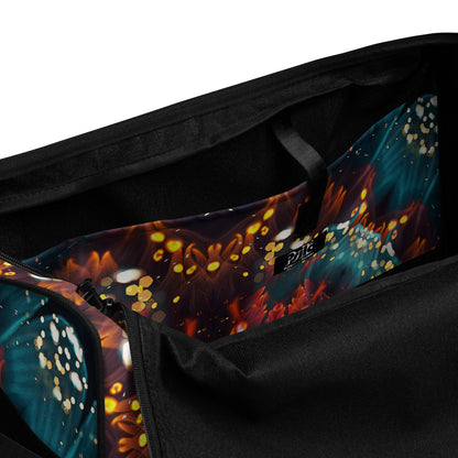 Interior view of the Reaching For Light duffle bag showing the multiple inside pockets.