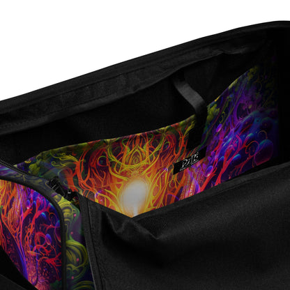 Interior pocket view of the 'Sacred Vine' duffle bag showing its inside storage pocket.