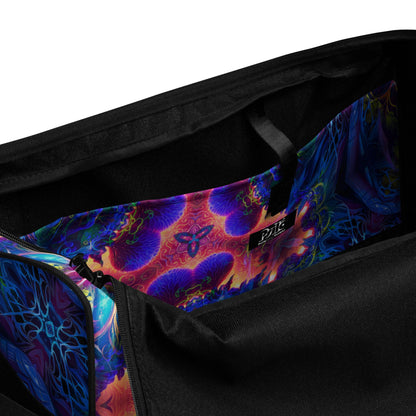 Close-up of the interior pocket inside the Sacred Circle duffle bag used for organizing small items.