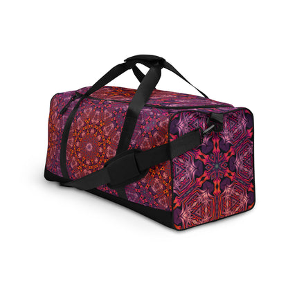 Front view of the 'Forged In Neon' duffle bag from the left, showing its psychedelic print.