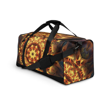 Angled left-front view of the Totem Sun duffle bag showing the mandala print curving around the panel seam.