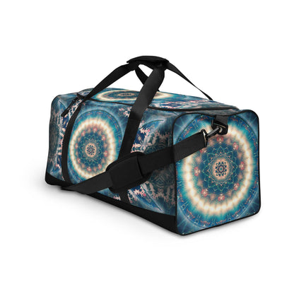 Left-front angled view of the Triple Goddess duffle bag showing the maiden figure in the artwork.