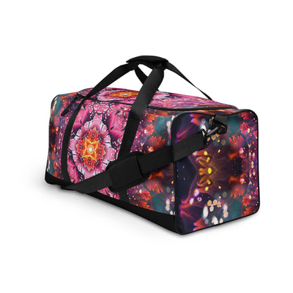 Left-front angle of the Endless Mallow duffle bag showing the print and dual handles together.