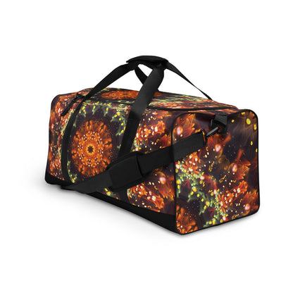 White duffle bag printed with the "Autumn Bloom" design, angled front view showing the padded handles.