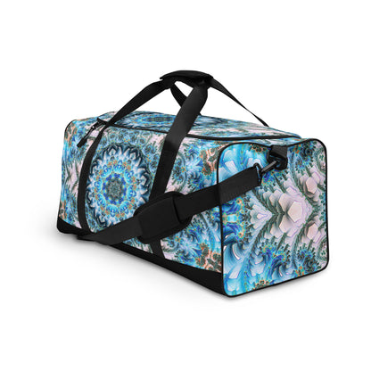 White duffle bag printed with the "Return to Purity" design, angled front view showing the padded handles.