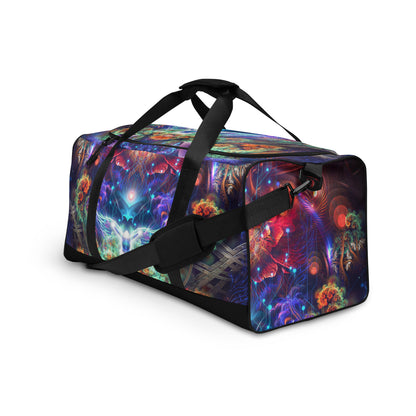 White duffle bag printed with the "Magnus Opum" design, angled front view showing the padded handles.