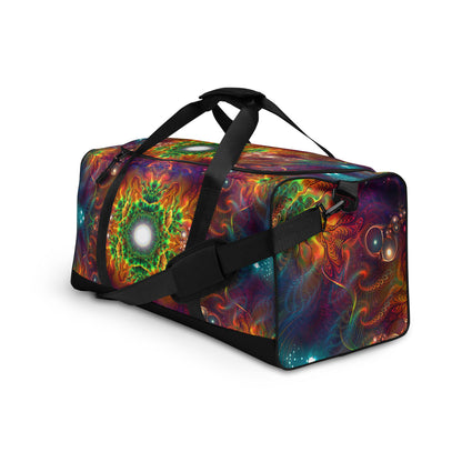 White duffle bag printed with the "Photonic" design, angled front view showing the padded handles.