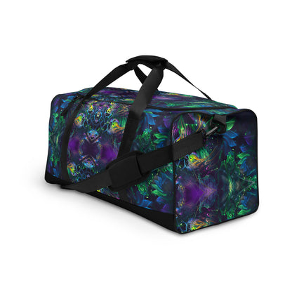White duffle bag printed with the "Awakened" design, angled front view showing the padded handles.