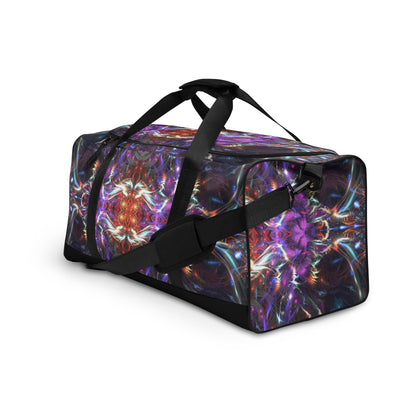 White duffle bag printed with the "Dragon Heart" design, angled front view showing the padded handles.