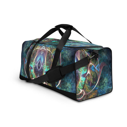 White duffle bag printed with the "Fluer de Vie" design, angled front view showing the padded handles.