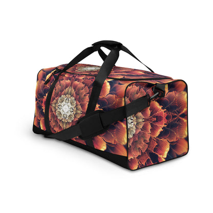 White duffle bag printed with the "Mandala Bloom" design, angled front view showing the padded handles.