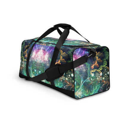 White duffle bag printed with the "Blossom / Nectar" design, angled front view showing the padded handles.