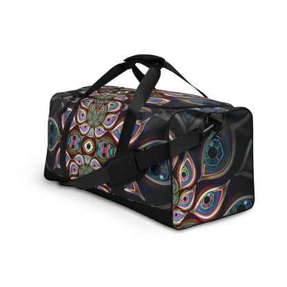 White duffle bag printed with the "The Waiting Room" design, angled front view showing the padded handles.