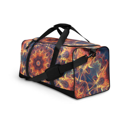 White duffle bag printed with the "Aquatic Rays" design, angled front view showing the padded handles.