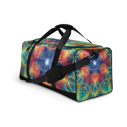 Front view from the left of the 'Free Your Mind Fibonacci' duffle bag with psychedelic all-over-print artwork.