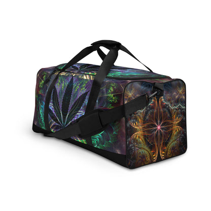 Front view from the left of the 'Heightened Stroll' duffle bag with psychedelic all-over-print artwork.