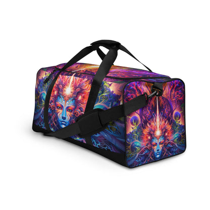Left-front angled view of the 'Sacred Vine' duffle bag showing its all-over-print artwork.