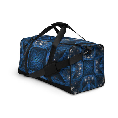 Front view from the left of the 'Inner Sanctum' duffle bag with psychedelic all-over-print artwork.