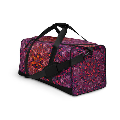 Left-front angled view of the 'Forged In Neon' duffle bag showing its all-over-print artwork.
