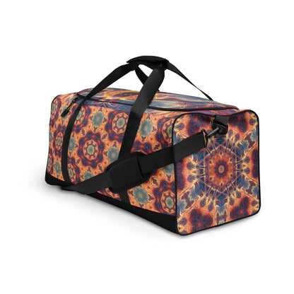Front view of the 'Aquatic Rays' duffle bag from the left, showing its psychedelic print.