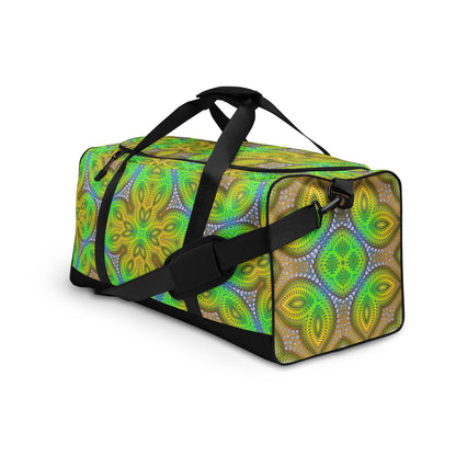 Front view of the 'Activation Initiated' duffle bag from the left, showing its psychedelic print.