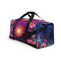 Left angled front view of the Sacred Circle duffle bag displaying the vivid psychedelic artwork.