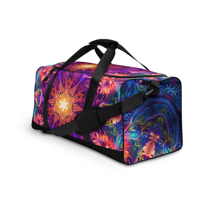 Left angled front view of the Sacred Circle duffle bag displaying the vivid psychedelic artwork.