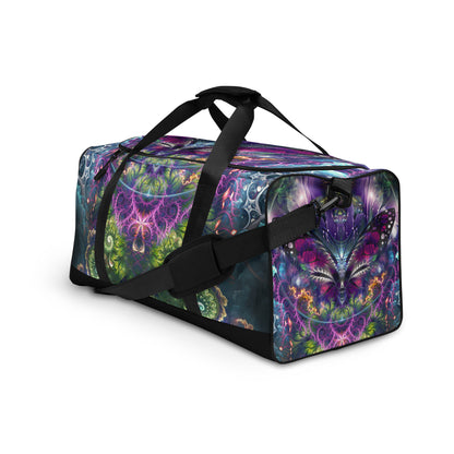 Front view from the left of the 'Emergence' duffle bag with psychedelic all-over-print artwork.