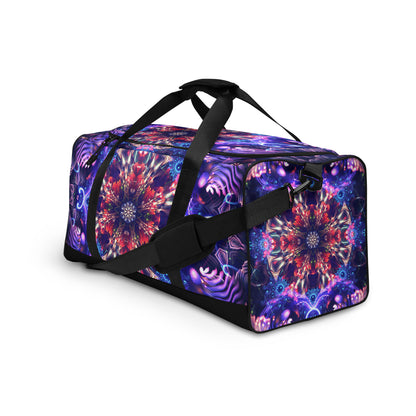 Left-front angled view of the 'Flow State' duffle bag showing its all-over-print artwork.
