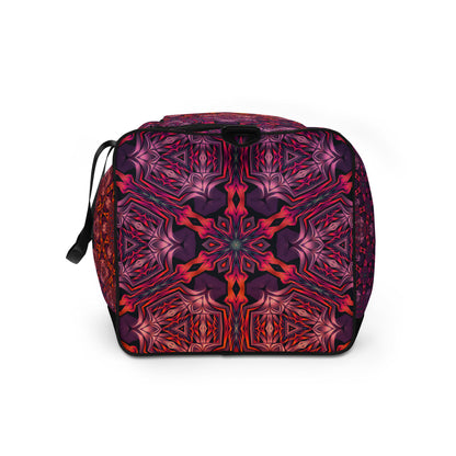 Left side view of the 'Forged In Neon' duffle bag showing its psychedelic print design.