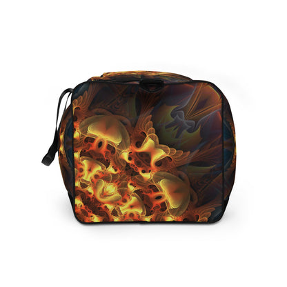 Left side profile of the Totem Sun duffle bag showing the mesh side pocket and fabric texture.