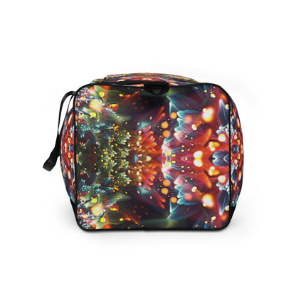 Left side profile of the Kaleidobloom duffle bag showing the panel seam and fabric weight.