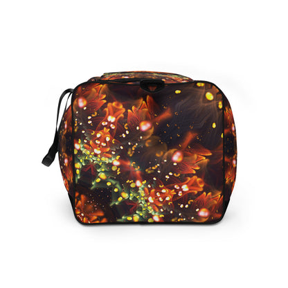 White duffle bag printed with the "Autumn Bloom" design, side view showing the mesh side pocket.