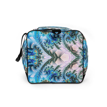 White duffle bag printed with the "Return to Purity" design, side view showing the mesh side pocket.