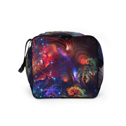 White duffle bag printed with the "Magnus Opum" design, side view showing the mesh side pocket.