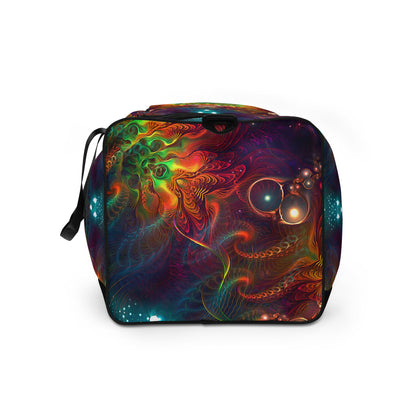 White duffle bag printed with the "Photonic" design, side view showing the mesh side pocket.
