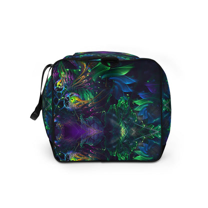 White duffle bag printed with the "Awakened" design, side view showing the mesh side pocket.
