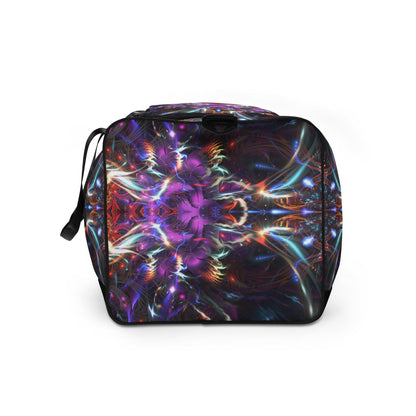 White duffle bag printed with the "Dragon Heart" design, side view showing the mesh side pocket.