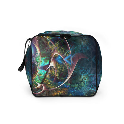 White duffle bag printed with the "Fluer de Vie" design, side view showing the mesh side pocket.
