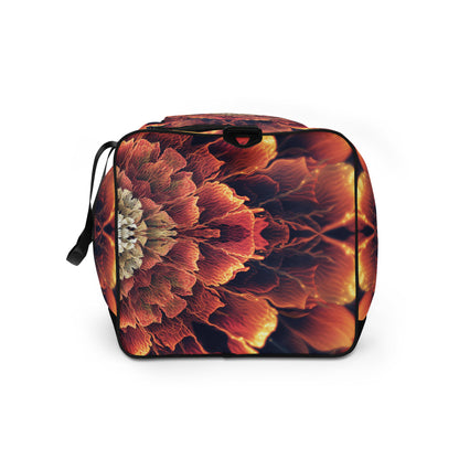 White duffle bag printed with the "Mandala Bloom" design, side view showing the mesh side pocket.