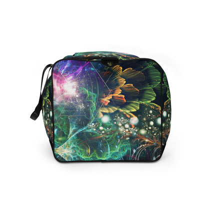 White duffle bag printed with the "Blossom / Nectar" design, side view showing the mesh side pocket.