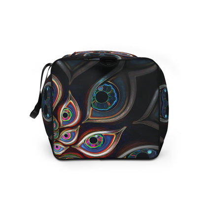 White duffle bag printed with the "The Waiting Room" design, side view showing the mesh side pocket.