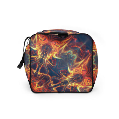 White duffle bag printed with the "Aquatic Rays" design, side view showing the mesh side pocket.